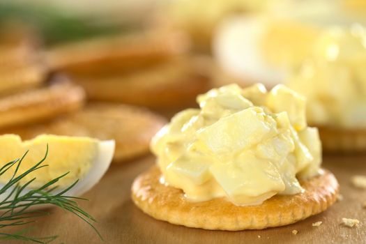 Egg salad served on cracker (Selective Focus, Focus on the upper egg piece in the front on the cracker)