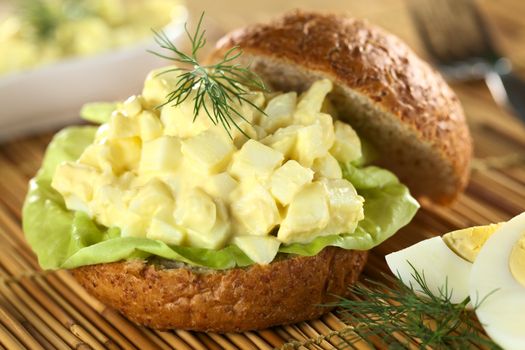 Egg salad and lettuce in wholewheat bun garnished with dill (Selective Focus, Focus one third onto the salad and the front of the dill)