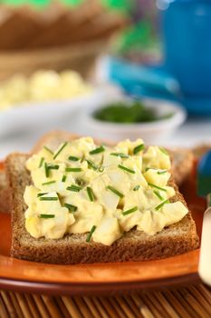 Egg salad with chives on wholewheat toast bread (Selective Focus, Focus one third into the salad)