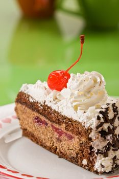 Slice of chocolate cake with cherry on the plate