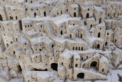 Closeup model of the Sassi di Matera - meaning stones of Matera which are prehistoric cave dwellings in the Italian city of Matera, Basilicata. It is one of the first or eldest  settlements of Italy.