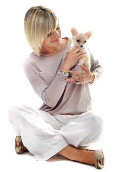 portrait of a woman and puppy chihuahua in front of white background