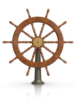 3D rendered Ship steering wheel on white surface.