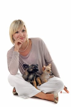 portrait of a woman and two chihuahuas in front of white background