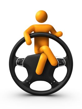 3D stick figure Sitting on Steering wheel.