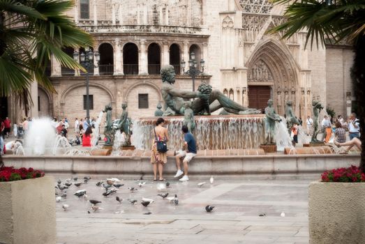 Square, fountain and cathedral in Valencia, Spain