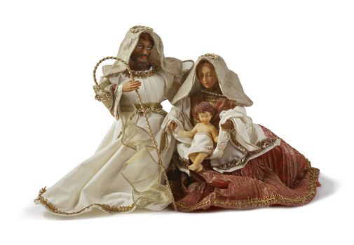 Nativity scene, holy family together. Isolated on white background
