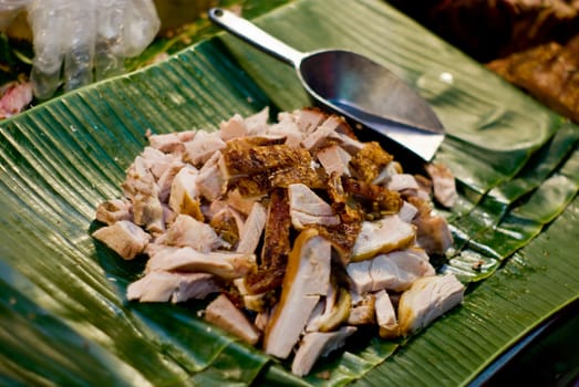 Crispy fried pork in the country market, Thailand