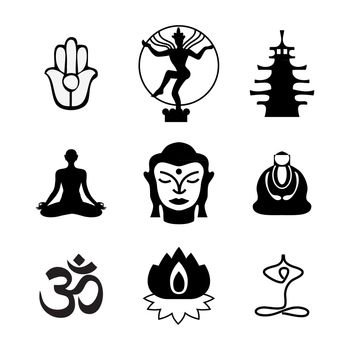 Set of Oriental icons. Templates of symbols of the Buddha, lotus, meditation, and others.