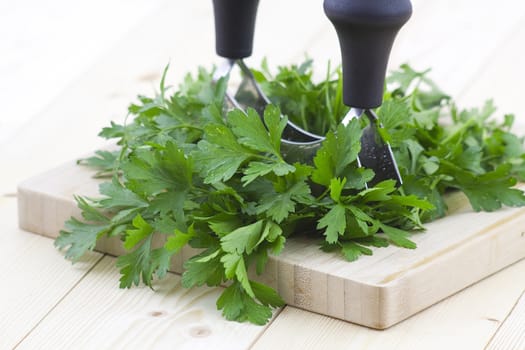 Freshly chopped parsley on wooden cutting board