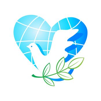 Peace on Earth - the traditional symbols - the planet of a heart, a dove with a green branch.