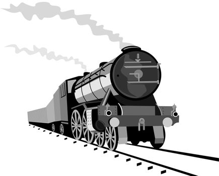 illustration of a steam train locomotive coming up on railroad done in retro style on isolated background