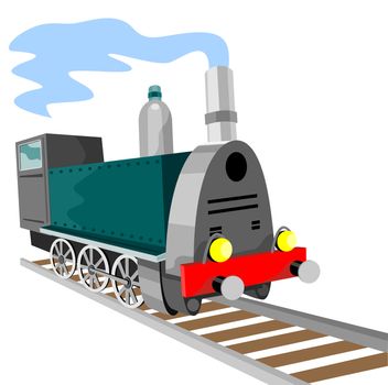 illustration of a steam train locomotive coming up on railroad done in retro style on isolated background