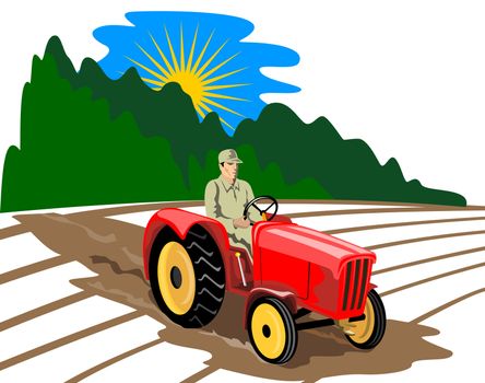 illustration of a vintage farm tractor on isolated background done in retro style