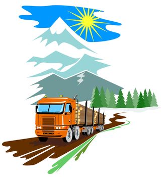 illustration of  a logging truck lorry done in retro style on isolated background