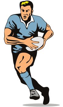 illustration of a rugby player running with the ball on isolated background retro