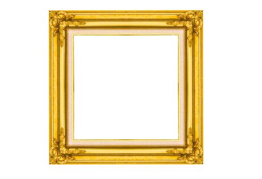 Golden wood picture frame isolated on white background