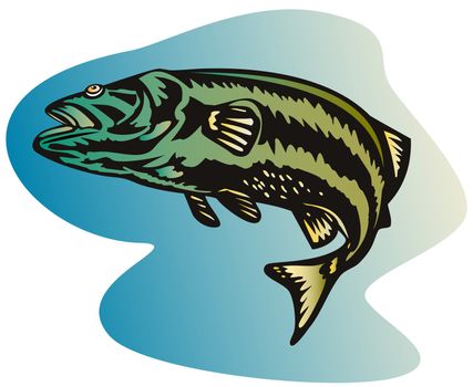 illustration of a largemouth bass jumping done in retro style