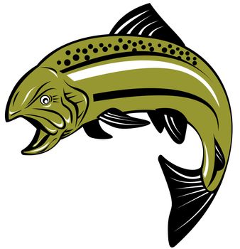 illustration of a spotted trout fish jumping done in retro style on isolated background