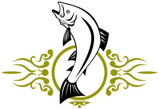 illustration of a trout fish jumping done in retro style on isolated background