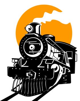 illustration of a steam train locomotive coming up on railroad done in retro style on isolated background