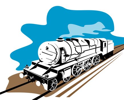 illustration of a steam train locomotive coming up on railroad done in retro style on isolated background