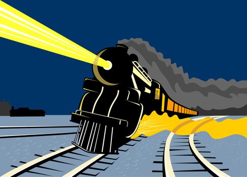 illustration of a steam train locomotive coming up on railroad with headlights done in retro style on isolated background