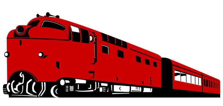 illustration of a diesel train locomotive coming up on railroad done in retro  style on isolated background