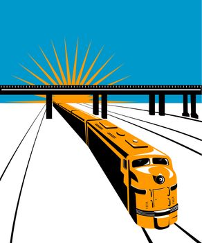 illustration of a diesel train locomotive passing under viaduct bridge done in retro  style on isolated background