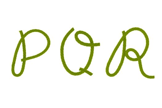 Green fiber rope bent in the form of letter P,Q,R