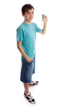 A boy showing, holding some rolled up money banknotes.  white background.