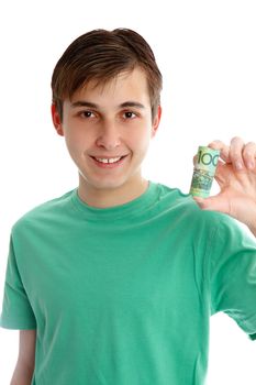 A boy holding a rolled up one hundred dollar bills.