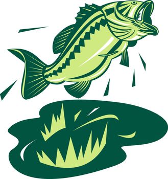 illustration of a largemouth bass jumping done in retro style