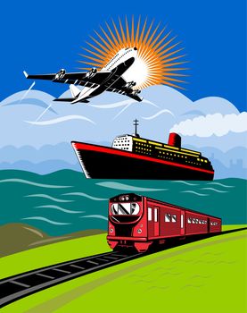 illustration of a commercial jet plane airliner on flight flying taking off with ship and train