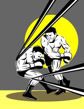 illustration of a boxer connecting a knockout punch on ropes retro style