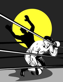 illustration of a boxer kneeling on ropes knockout retro style