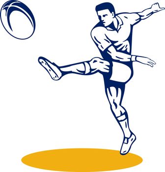 illustration of a rugby player kicking ball front view isolated background done in retro style