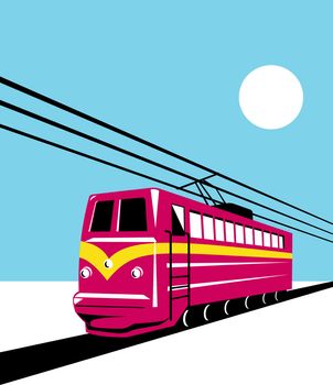 illustration of electric passenger train locomotive coming up on railroad done in retro  style on isolated background