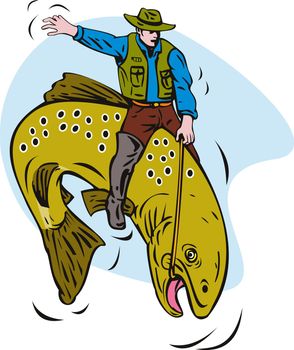 illustration of a trout fish jumping with fly fisherman riding done in retro style on isolated background