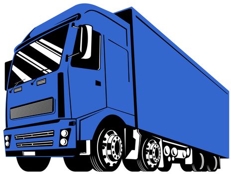 illustration of a container truck lorry done in retro style on isolated background viewed from low angle