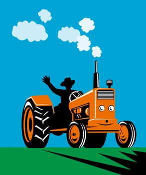 illustration of a vintage farm tractor with driver waving done in retro style