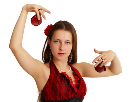 Young girl performing Spanish dance isolated on white background