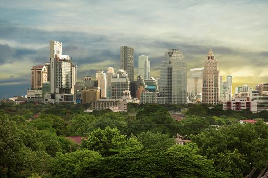 Sunny view - modern high-rise buildings of the city