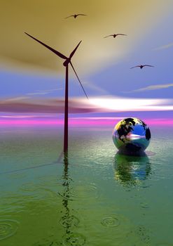 landscape and wind turbine and bird and planet