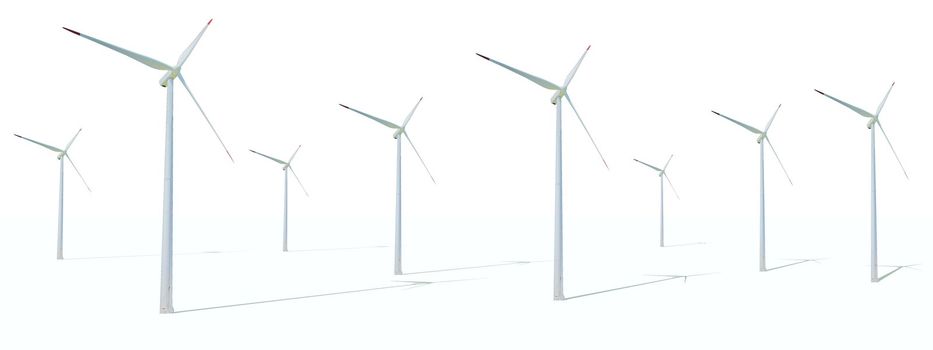 Wind turbines with their shadows in a white background