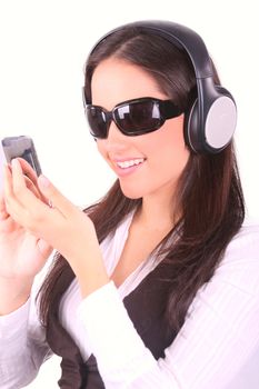 Smiling woman listening to music