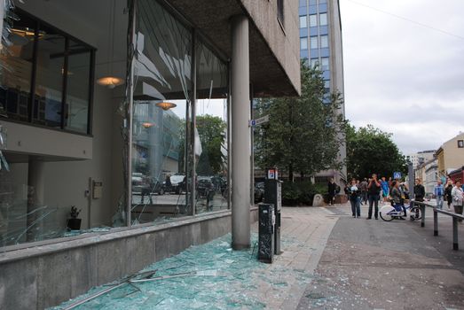 Damages minutes after the terror bomb attack in Oslo 22.07.2011.