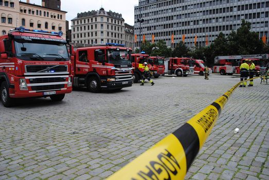 Firetrucks at Youngs Square (Youngstorget) shortly after the terror bomb attack in Oslo 22.07.2011.