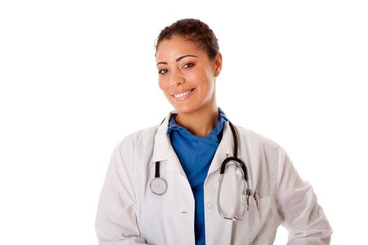 Beautiful attractive happy smiling female doctor physician nurse, isolated.