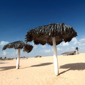 umbrella in desert under blue sky